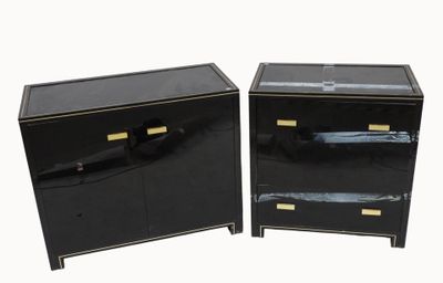 pair of black lac lac nightstands with brass handles