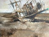 painting of a ship that is sitting in the sand on a beach