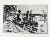 a black and white drawing of a boat on the water