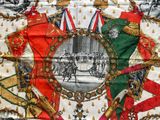an image of a very fancy scarf with a picture of a horse and carriage