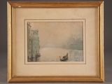 painting of a boat in a body of water with a building in the background