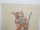 a painting of a man holding a sword and wearing a hat