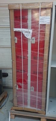 a red fire hydrant that is in the middle of a pallet