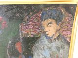 un tableau représentant un homme assis sur une chaise, coiffé d'un chapeau