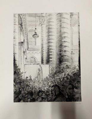 black and white drawing of a woman standing in front of a building