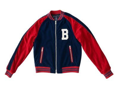 a red and blue jacket with the letter b on it