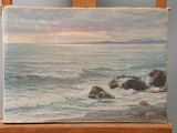 an oil painting of a beach scene with rocks in the water
