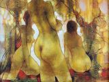 tableau représentant trois nus assis sur un lit devant un miroir