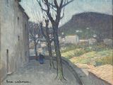 une image d'une peinture représentant une vue d'une ville depuis une colline