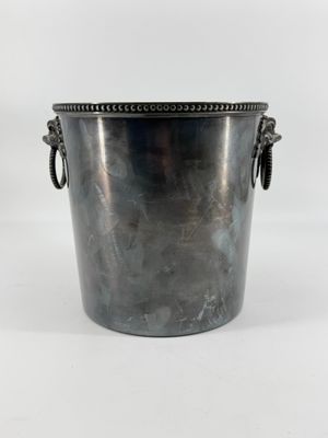 a silver metal bucket with handles and handles on a white background