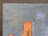 une peinture représentant un bâtiment peint en bleu et en orange
