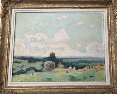 une peinture à l'huile représentant un paysage avec des moutons paissant dans un champ