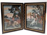 deux tableaux représentant un homme avec un chien et un homme avec un chien