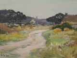 an oil painting of a dirt road in a field with trees in the background