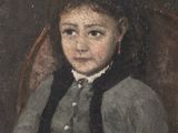 portrait of a young girl in a chair with a book and a brush