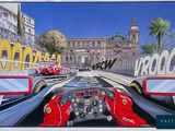 painting of a race car driving on a track in front of a large building
