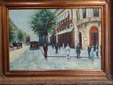 a painting of a street scene with people walking down the street