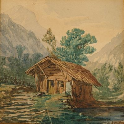 tableau représentant une cabane au bord d'une rivière, avec des montagnes en arrière-plan