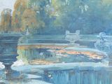 un tableau représentant un étang avec une fontaine au milieu