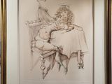drawing of a woman sitting at a table with another woman sitting at a table
