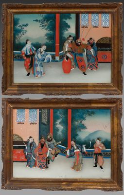 pair of chinese paintings of men and women playing instruments
