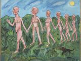 painting of a group of alien men walking in a line