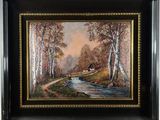 painting of a stream running through a forest with a house in the distance