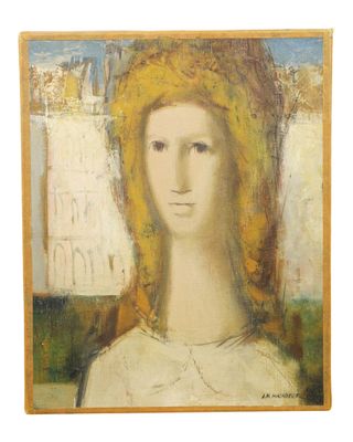 an oil painting of a woman with a yellow hat