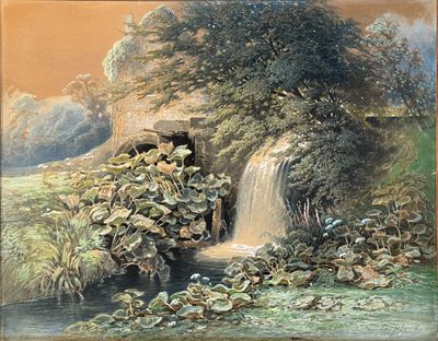 un tableau représentant une cascade au milieu d'un champ