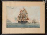 a painting of a ship sailing in the ocean with other ships