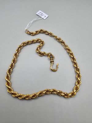 a gold rope necklace with a clasp on a white background