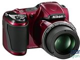 a close up of a red camera with a lens on it