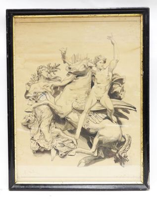 framed drawing of a man on a horse and a woman on a horse