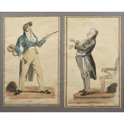 deux dessins représentant des hommes en tenue de cérémonie, l'un muni d'une canne et l'autre muni d'une canne