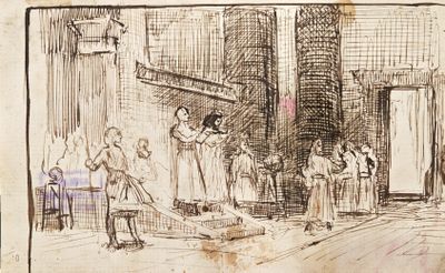 drawing of a group of people standing in a room with a fireplace