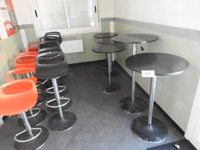 de nombreux tabourets et tables dans une pièce dotée d'une fenêtre