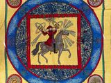 yellow cloth with a picture of a man on a horse on it