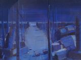 une peinture représentant un embarcadère la nuit, avec la lune dans le ciel