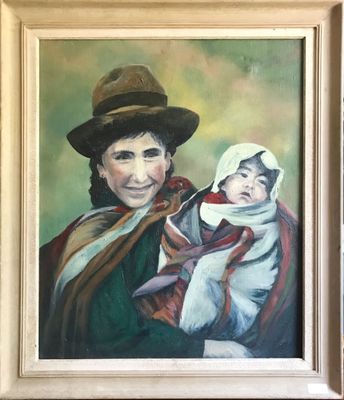 tableau représentant une femme tenant un bébé coiffé d'un bonnet et d'une écharpe