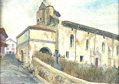 a painting of a building with a clock tower on it