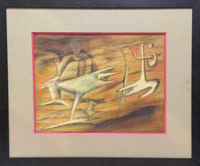 tableau représentant un oiseau et deux oiseaux survolant un paysage désertique