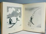 two pages of a book with a drawing of a man on skis