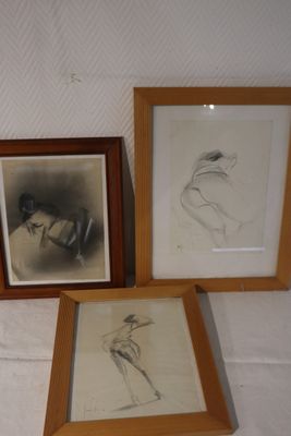 three framed pictures of a woman in a dress and a man in a hat