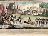 a picture of a painting of a man on a horse in front of a crowd of people
