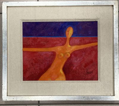 tableau représentant une femme nue sur un fond rouge et bleu