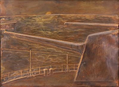 l'image d'une peinture représentant un pont au-dessus d'une étendue d'eau