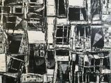 black and white painting of a building with a lot of chairs