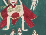 painting of a woman in a red cape with six other women standing around her