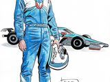 drawing of a man in a racing suit standing next to a race car