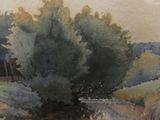 a watercolor painting of a tree in the middle of a field